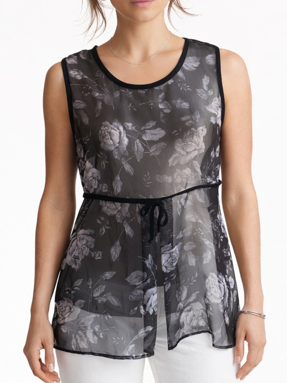Sheer Tunic Tank Top Topper Layering Piece Sateen Trim & Tie Bold Floral Black M